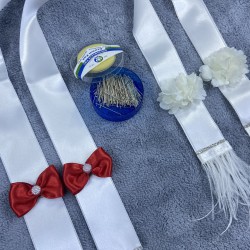 Kırmızı Papyonlu Tüylü Özel Tasarım Takı Merasimi Kurdelesi Takı Kemeri Ve İğne Seti-TKUR-1011