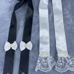 Siyah Beyaz Gelin Damat Takı Merasimi İçin Dantelli İncili Takı Kurdelesi Takı Kemeri-TKUR-1014