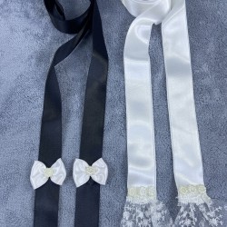 Siyah Beyaz Gelin Damat Takı Merasimi İçin Dantelli İncili Takı Kurdelesi Takı Kemeri-TKUR-1014