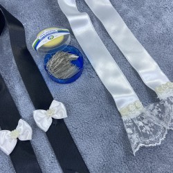 Siyah Beyaz Gelin Damat Takı Merasimi İçin Dantelli İncili Takı Kurdelesi Ve İğne Seti-TKUR-1015