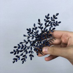 Lacivert Dal Desenli Taşlı Taraklı Saç Tokası-TOKSAK-5