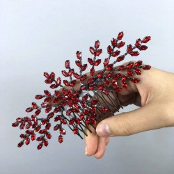 Kırmızı Dal Desenli Taşlı Taraklı Saç Tokası-TOKSAK-7