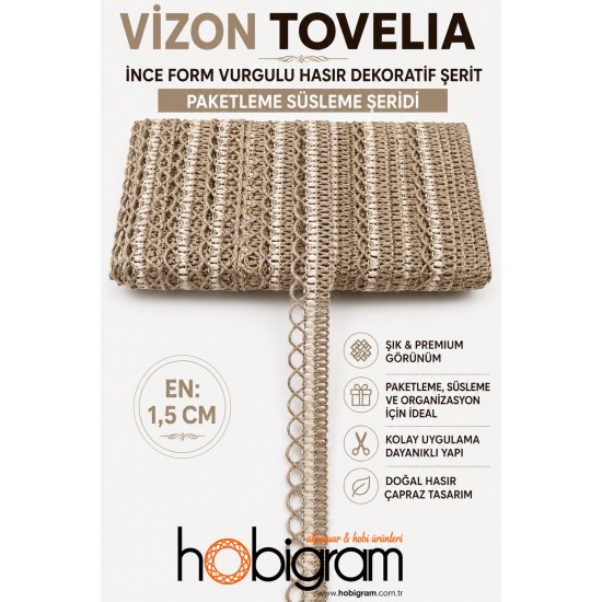 Vizon Tovelia İnce Form Vurgulu Hasır Dekoratif Şerit 1 Metre Paketleme S&uuml;sleme-TOVELIA-4