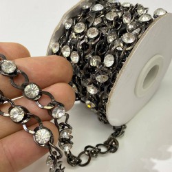 Yassı Zincirli Taşlı Metal Şerit Siyah Renk-TSB-1005