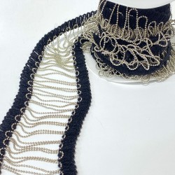 Siyah Su Taşlı Zincir Desenli Aksesuar Şerit Püskül-TSB-1013