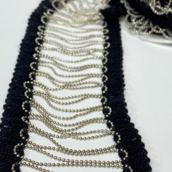 Siyah Su Taşlı Zincir Desenli Aksesuar Şerit Püskül-TSB-1013