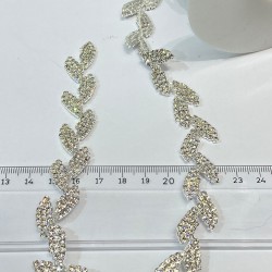 Gümüş Renk Yaprak Desen Kristal Taşlı Şerit Bordür-TSB-1015