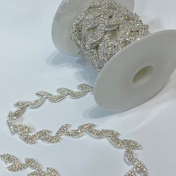 Gümüş Renk Yaprak Desen Kristal Taşlı Şerit Bordür-TSB-1015