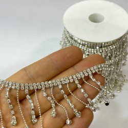 Gümüş Renk Zincirli Taşlı Püsküllü Şerit-TSB-102