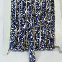 Lacivert Boru Boncuklu Ütü İle Yapışan Taşlı Şerit-USA-1085