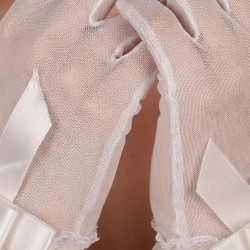 Velmira Grace Beyaz T&uuml;l Eldiven &ndash; Dantel ve Fiyonk Detaylı Kısa Zarif Gelin Aksesuarı-VELMIRA-1