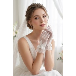 Velmira Grace Beyaz T&uuml;l Eldiven &ndash; Dantel ve Fiyonk Detaylı Kısa Zarif Gelin Aksesuarı-VELMIRA-1