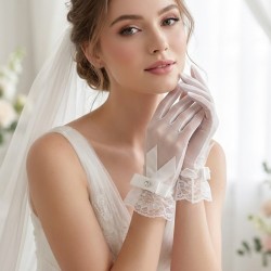 Velmira Grace Beyaz T&uuml;l Eldiven &ndash; Dantel ve Fiyonk Detaylı Kısa Zarif Gelin Aksesuarı-VELMIRA-1