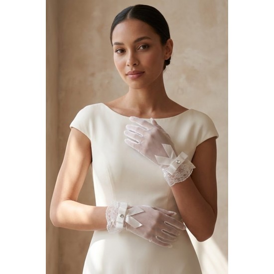 Velmira Grace Beyaz T&uuml;l Eldiven &ndash; Dantel ve Fiyonk Detaylı Kısa Zarif Gelin Aksesuarı-VELMIRA-1