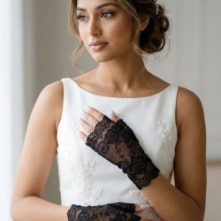 Velmirel Lace Siyah Gelin Eldiveni &ndash; Dantel İşlemeli Vintage Şıklık Nikah & D&uuml;ğ&uuml;n Aksesuarı-VELMIREL-1