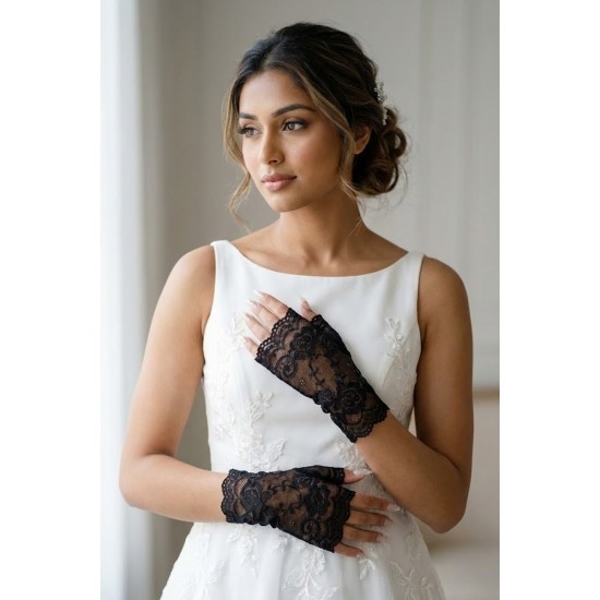 Velmirel Lace Siyah Gelin Eldiveni &ndash; Dantel İşlemeli Vintage Şıklık Nikah & D&uuml;ğ&uuml;n Aksesuarı-VELMIREL-1