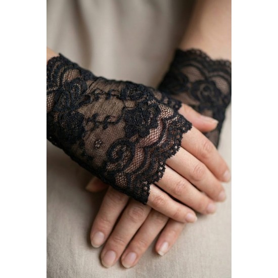 Velmirel Lace Siyah Gelin Eldiveni &ndash; Dantel İşlemeli Vintage Şıklık Nikah & D&uuml;ğ&uuml;n Aksesuarı-VELMIREL-1