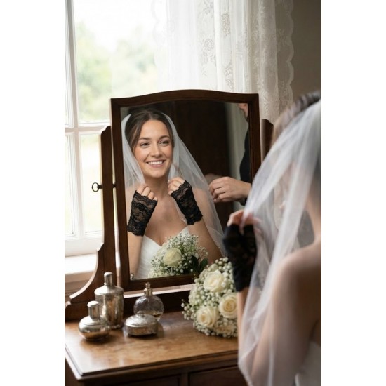 Velmirel Lace Siyah Gelin Eldiveni &ndash; Dantel İşlemeli Vintage Şıklık Nikah & D&uuml;ğ&uuml;n Aksesuarı-VELMIREL-1