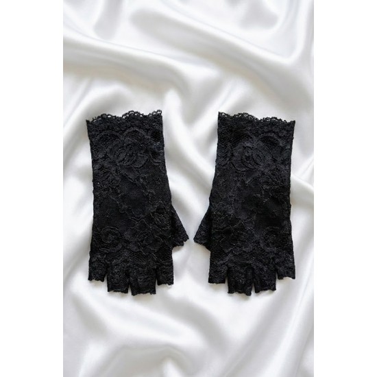 Velmirel Lace Siyah Gelin Eldiveni &ndash; Dantel İşlemeli Vintage Şıklık Nikah & D&uuml;ğ&uuml;n Aksesuarı-VELMIREL-1