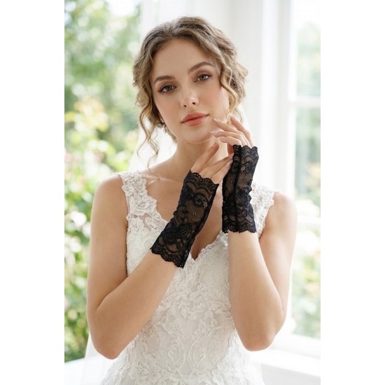 Velmirel Lace Siyah Gelin Eldiveni &ndash; Dantel İşlemeli Vintage Şıklık Nikah & D&uuml;ğ&uuml;n Aksesuarı-VELMIREL-1