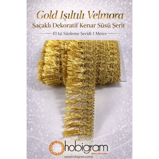 Gold Işıltılı Velmora Sa&ccedil;aklı Dekoratif Kenar S&uuml;s&uuml; Şerit &ndash; El İşi S&uuml;sleme Şeridi 1 Metre-VELMORA-100
