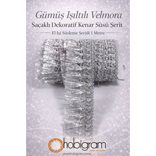 G&uuml;m&uuml;ş Işıltılı Velmora Sa&ccedil;aklı Dekoratif Kenar S&uuml;s&uuml; Şerit &ndash; El İşi S&uuml;sleme Şeridi 1 Metre-VELMORA-101