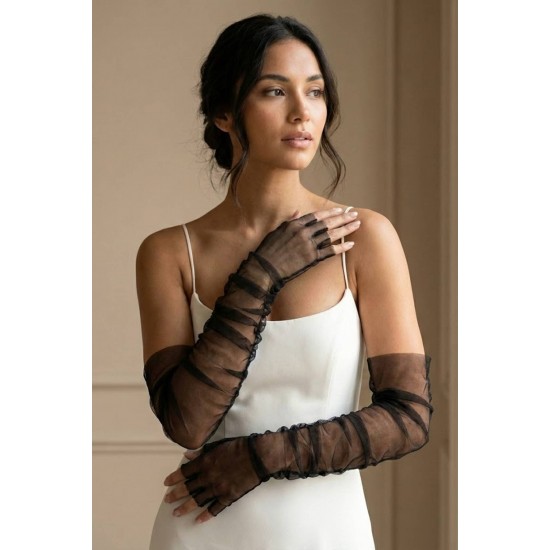 Velmora Sheer Siyah Yarım Parmak T&uuml;l Eldiven &ndash; Uzun Zarif Gelin & Davet Aksesuarı-VELMORASHEER-1