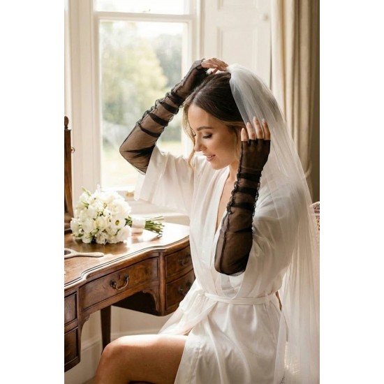 Velmora Sheer Siyah Yarım Parmak T&uuml;l Eldiven &ndash; Uzun Zarif Gelin & Davet Aksesuarı-VELMORASHEER-1