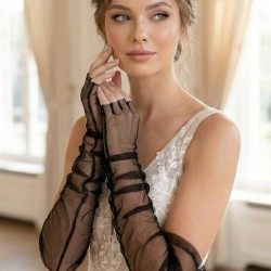 Velmora Sheer Siyah Yarım Parmak T&uuml;l Eldiven &ndash; Uzun Zarif Gelin & Davet Aksesuarı-VELMORASHEER-1