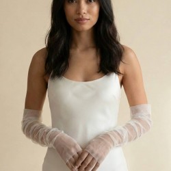 Velmora Sheer Beyaz Yarım Parmak T&uuml;l Eldiven &ndash; Uzun Zarif Gelin & Davet Aksesuarı-VELMORASHEER-2