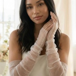 Velmora Sheer Beyaz Yarım Parmak T&uuml;l Eldiven &ndash; Uzun Zarif Gelin & Davet Aksesuarı-VELMORASHEER-2