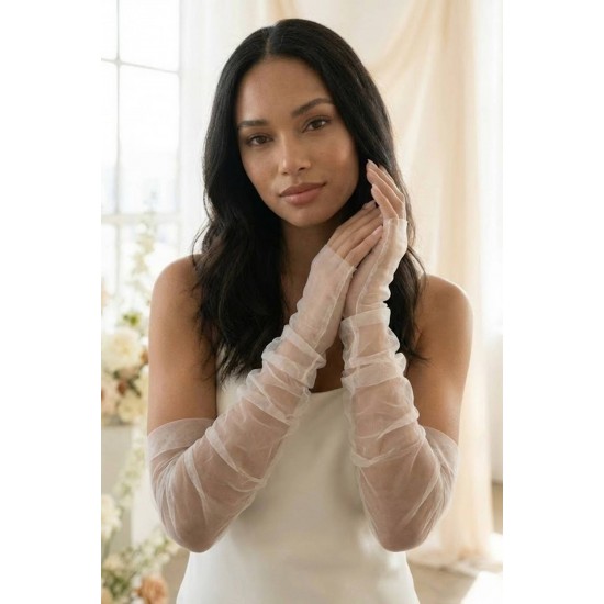 Velmora Sheer Beyaz Yarım Parmak T&uuml;l Eldiven &ndash; Uzun Zarif Gelin & Davet Aksesuarı-VELMORASHEER-2