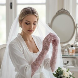 Pembe Veloura Couture Uzun Dantelli Eldiven &ndash; Full Parmak L&uuml;ks Gelin ve Davet Aksesuarı-VELOURA-1