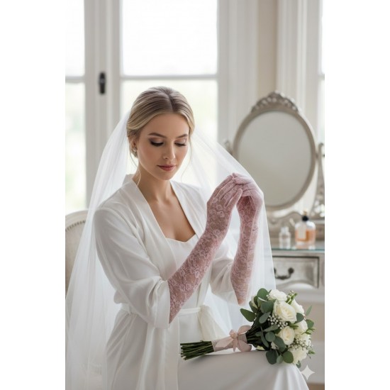 Pembe Veloura Couture Uzun Dantelli Eldiven &ndash; Full Parmak L&uuml;ks Gelin ve Davet Aksesuarı-VELOURA-1