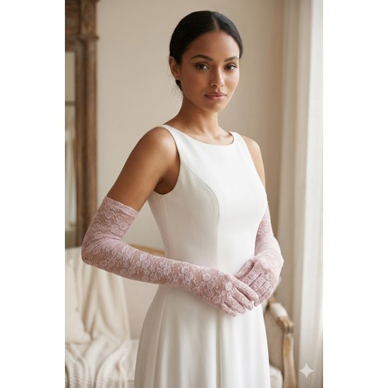 Pembe Veloura Couture Uzun Dantelli Eldiven &ndash; Full Parmak L&uuml;ks Gelin ve Davet Aksesuarı-VELOURA-1