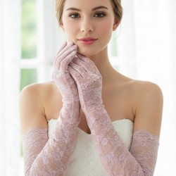 Pembe Veloura Couture Uzun Dantelli Eldiven &ndash; Full Parmak L&uuml;ks Gelin ve Davet Aksesuarı-VELOURA-1
