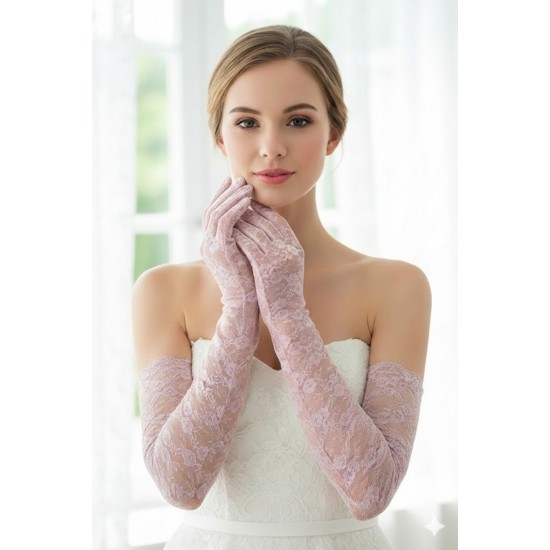 Pembe Veloura Couture Uzun Dantelli Eldiven &ndash; Full Parmak L&uuml;ks Gelin ve Davet Aksesuarı-VELOURA-1