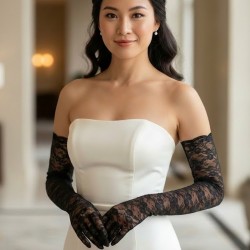 Siyah Veloura Couture Uzun Dantelli Eldiven &ndash; Full Parmak L&uuml;ks Gelin ve Davet Aksesuarı-VELOURA-2