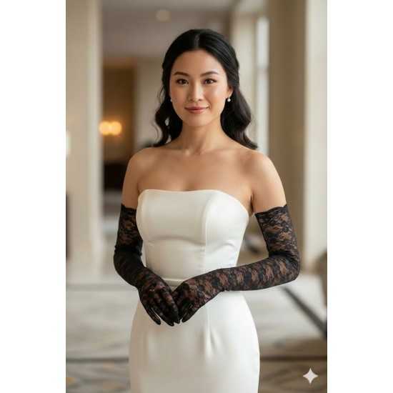 Siyah Veloura Couture Uzun Dantelli Eldiven &ndash; Full Parmak L&uuml;ks Gelin ve Davet Aksesuarı-VELOURA-2