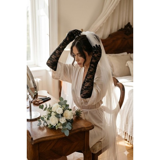 Siyah Veloura Couture Uzun Dantelli Eldiven &ndash; Full Parmak L&uuml;ks Gelin ve Davet Aksesuarı-VELOURA-2