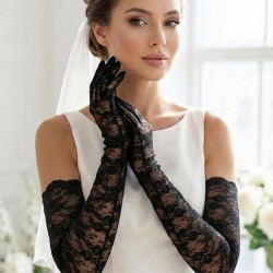 Siyah Veloura Couture Uzun Dantelli Eldiven &ndash; Full Parmak L&uuml;ks Gelin ve Davet Aksesuarı-VELOURA-2