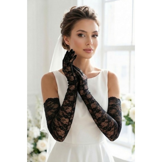 Siyah Veloura Couture Uzun Dantelli Eldiven &ndash; Full Parmak L&uuml;ks Gelin ve Davet Aksesuarı-VELOURA-2