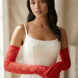 Kırmızı Veloura Couture Uzun Dantelli Eldiven &ndash; Full Parmak L&uuml;ks Gelin ve Davet Aksesuarı-VELOURA-3