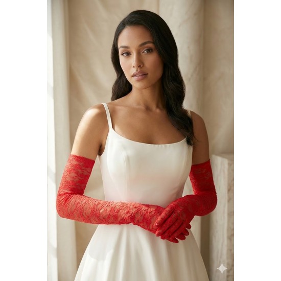Kırmızı Veloura Couture Uzun Dantelli Eldiven &ndash; Full Parmak L&uuml;ks Gelin ve Davet Aksesuarı-VELOURA-3
