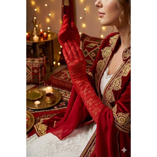 Kırmızı Veloura Couture Uzun Dantelli Eldiven &ndash; Full Parmak L&uuml;ks Gelin ve Davet Aksesuarı-VELOURA-3