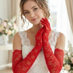 Kırmızı Veloura Couture Uzun Dantelli Eldiven &ndash; Full Parmak L&uuml;ks Gelin ve Davet Aksesuarı-VELOURA-3