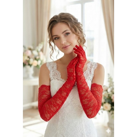 Kırmızı Veloura Couture Uzun Dantelli Eldiven &ndash; Full Parmak L&uuml;ks Gelin ve Davet Aksesuarı-VELOURA-3