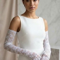 Beyaz Veloura Couture Uzun Dantelli Eldiven &ndash; Full Parmak L&uuml;ks Gelin ve Davet Aksesuarı-VELOURA-4