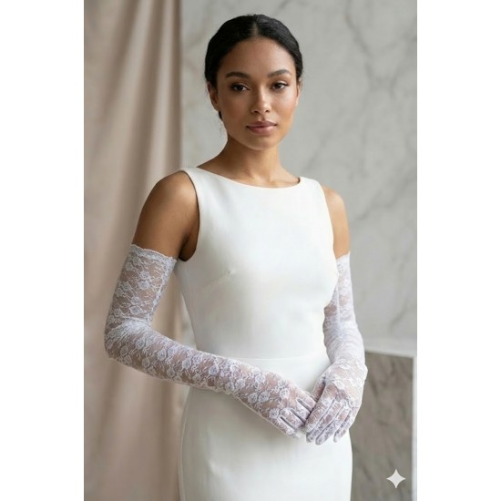 Beyaz Veloura Couture Uzun Dantelli Eldiven &ndash; Full Parmak L&uuml;ks Gelin ve Davet Aksesuarı-VELOURA-4