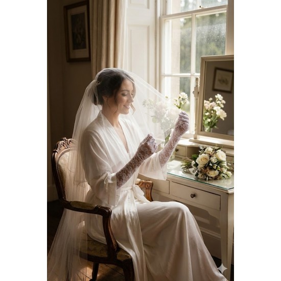 Beyaz Veloura Couture Uzun Dantelli Eldiven &ndash; Full Parmak L&uuml;ks Gelin ve Davet Aksesuarı-VELOURA-4